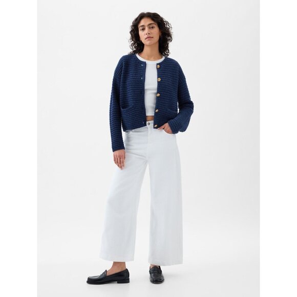 GAP Navy Blue Cotton Textured Knit Gold Button Cardigan Sweater Jacket, Size M - Picture 3 of 15